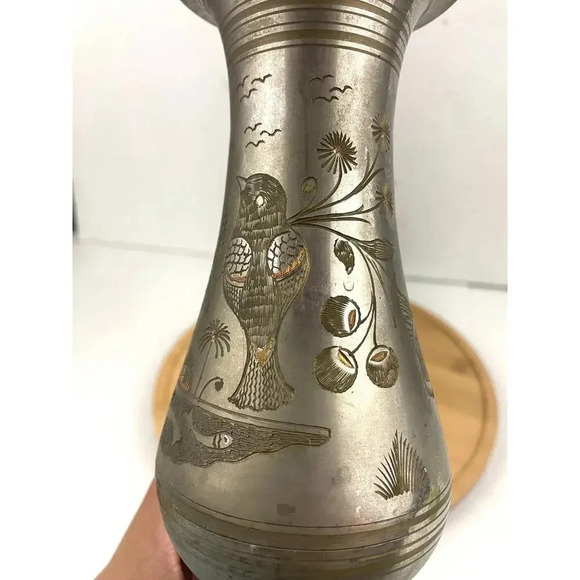VTG Silver Tone Metal Middle Eastern Vase With Etching 8" Tall Birds Fish - Picture 2 of 14